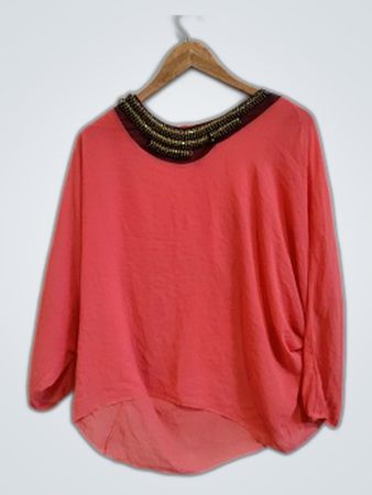 Pink Long-Sleeve Blouse with Beaded Neckline