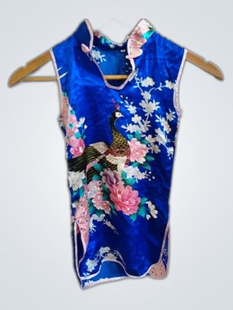 Blue Floral Embroidered Mandarin Collar Sleeveless Top