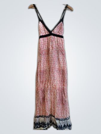 Pink and White Floral Maxi Dress with Black Trim