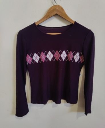 J.Crew Purple Long-Sleeve Top with Argyle Pattern