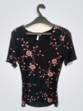 Susan Laurence Black Floral Embroidered Short-Sleeve Top