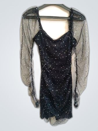 Black Sequined Dress with Sheer Sleeves