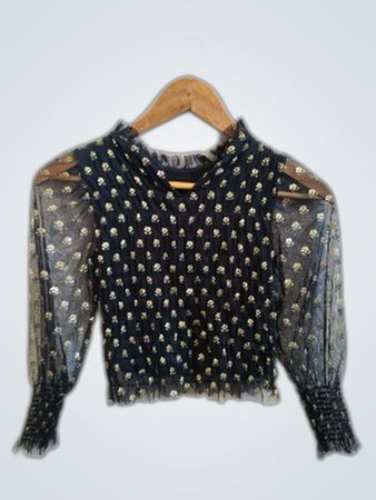 Zara Gold Embroidered Sheer Sleeve Blouse
