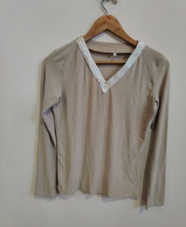 Tan Long Sleeve Shirt with Lace Trim