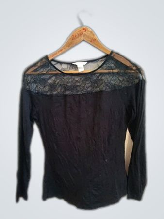 Black Lace Trim Long Sleeve Top