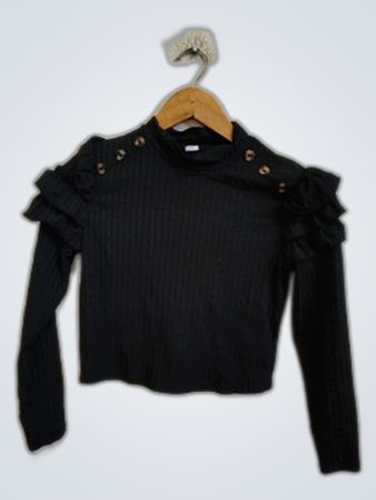 Black Ruffled Long-Sleeve Top