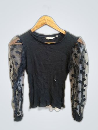 NAF NAF Black Long Sleeve Top with Sheer Polka Dot Sleeves