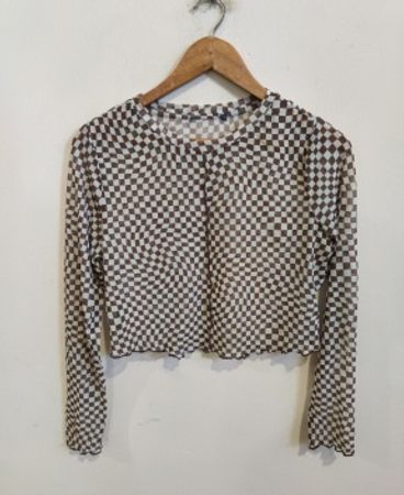 Brown and White Checkered Long Sleeve Top