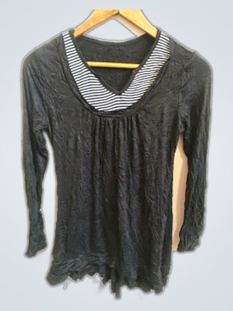 Black Long-Sleeve Top with Striped Collar