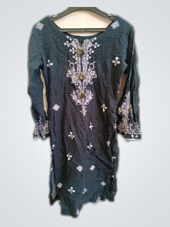 Long-Sleeve Embroidered Dark Green Dress