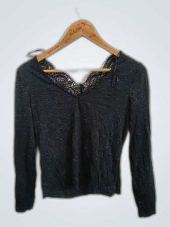 Black Long-Sleeve Top with Lace Trim