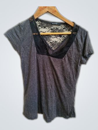 Gray V-Neck Top with Lace Back