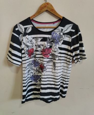 Clarina Black and White Striped Floral T-Shirt