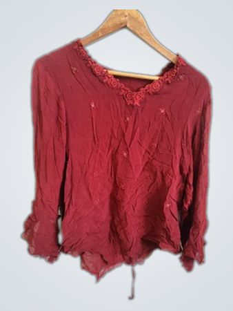 Red Long-Sleeve Blouse with Lace Trim