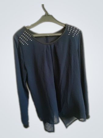 Navy Blue Long-Sleeve Blouse with Rhinestones