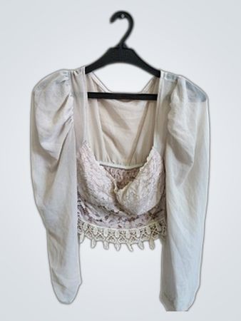 White Lace Trim Top with Sheer Long Sleeve Overlay