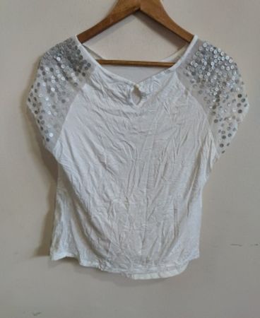 Unbranded White Sequin Shoulder Short Sleeve Top