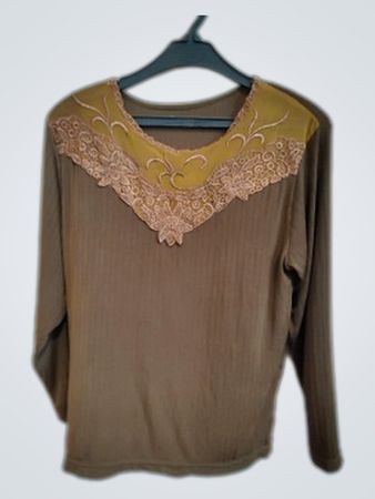 Miss Selfridge Brown Lace Trim Long Sleeve Blouse