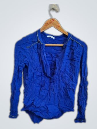 Promod Blue Crinkled Long-Sleeve Blouse