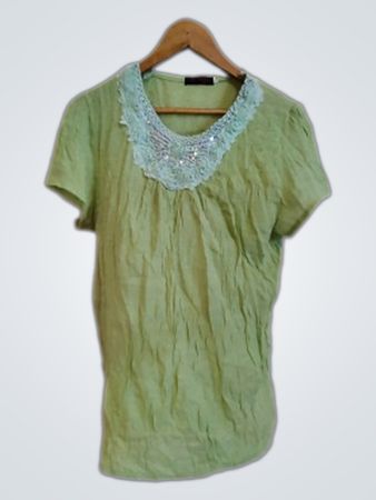 Bi Meng Green Lace Trim Blouse