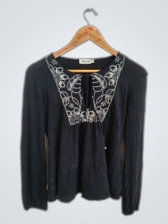 Black Long-Sleeve Blouse with White Embroidery