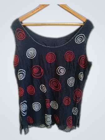 Blouse with Red, White and Black Swirl Pattern