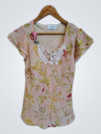 Pink Floral Blouse with Lace Detail