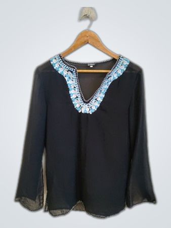 Alalandri Black Long-Sleeve Blouse with Embellished Neckline