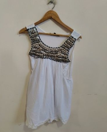 Hale Evans London Women's White Sleeveless Top with Sequined Neckline