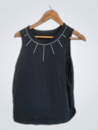 Black Sleeveless Top with Rhinestone Neckline