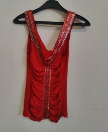 Red Sleeveless Top with Sequined Trim