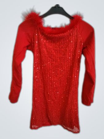 Red Long-Sleeve Sequined Top with Feather Accents