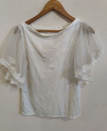 White Polyester Blouse with Sheer Sleeves