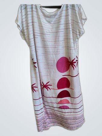 White Striped Dress with Pink Palm Tree Design