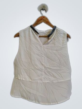 White Sleeveless Top with Beaded Neckline