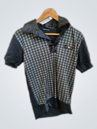 Black Short-Sleeve Hooded Shirt with White Pattern