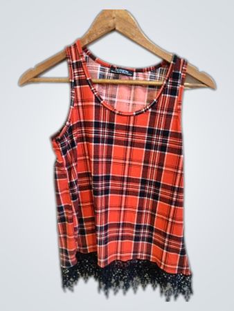 Red Plaid Tank Top with Lace Hem