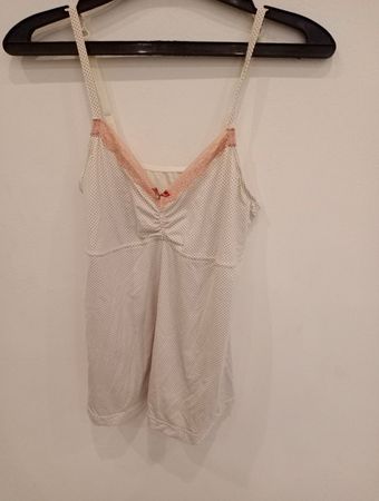 White polka dot camisole with pink lace trim