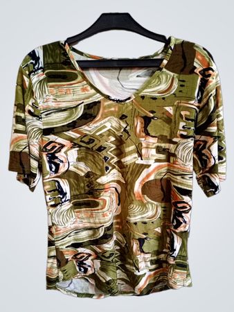 Grünes abstraktes Print V-Ausschnitt T-Shirt