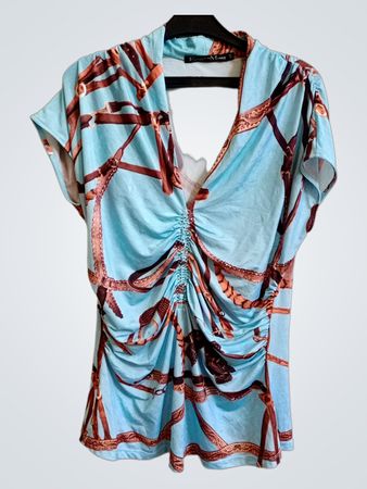 ETOILEduMONDE Blue Belt Print Ruched Top