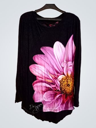 Desigual Schwarzes Langarm-T-Shirt mit pinkem Blumendruck