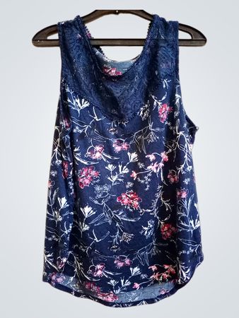 Blaues florales ärmelloses Oberteil mit Spitzenbesatz