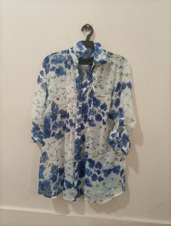 KENLEN Damen blaue Bluse mit Blumenmuster und Falten