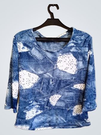 Blauer Denim-Print Langarm-Top