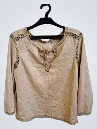 Nächste beige gehäkelte Trim Langarmbluse