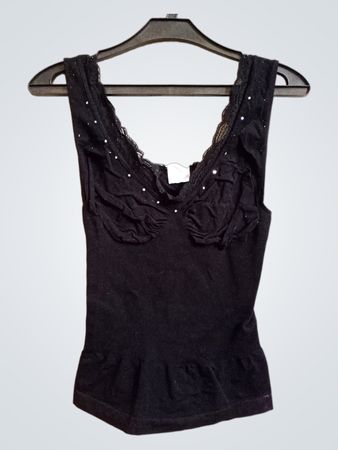 Schwarzes Tanktop mit Spitzenbesatz, hergestellt in Italien