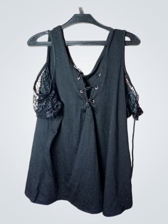 LAPA Black Cold Shoulder Lace Trim Lace Up V-Neck Top
