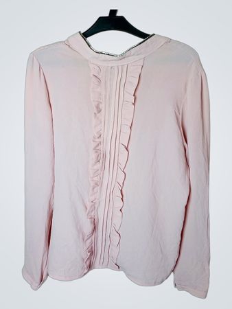 Rosa Bluse mit Rüschen und Strasskragen