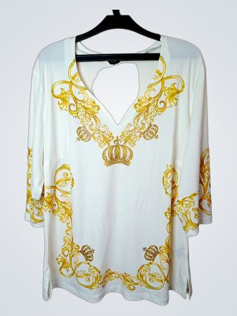POMPOOS DESIGN von HARALD GLÖCKLER Weißes T-Shirt mit Goldkrone und Schriftzug-Print