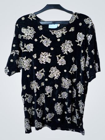 AWARD Schwarzes Floral-Print Samt-T-Shirt